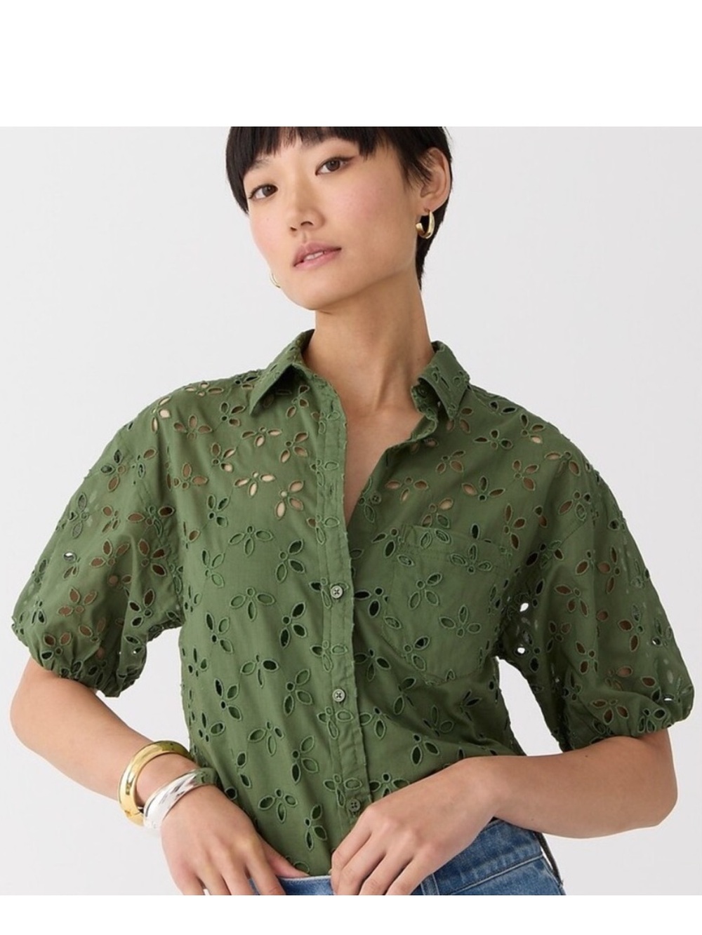 NEW J. Crew Eyelet Button Down Shirt in Olive Green, Size 4